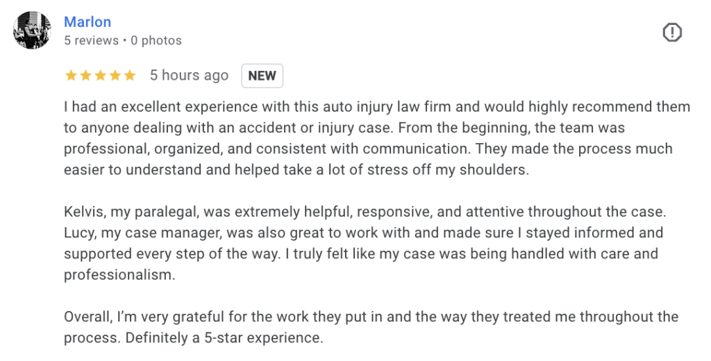 Tampa Personal Injury Lawyers Client 5 Star Google Review